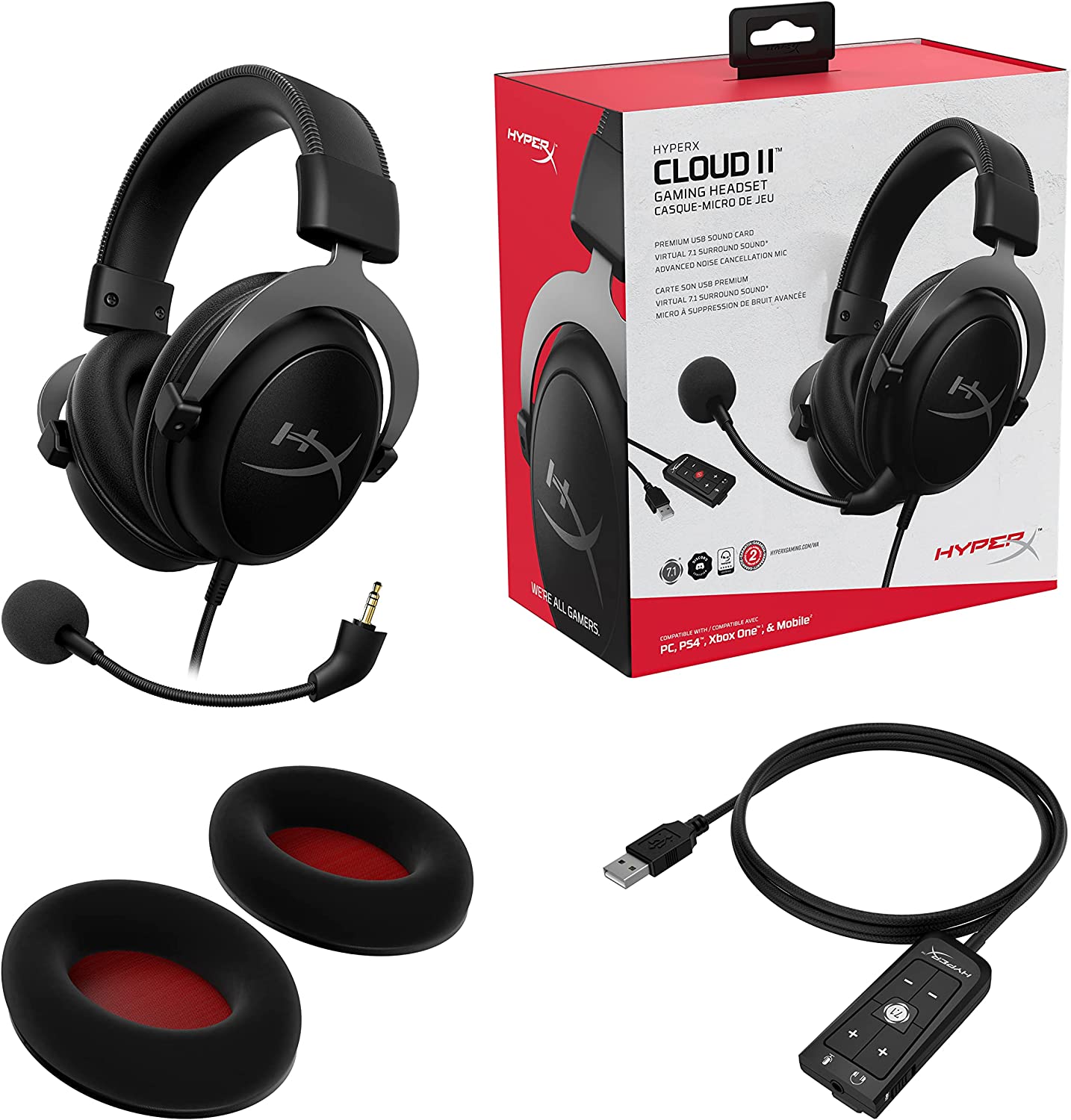 HyperX Cloud II Gaming Headset - 7.1 Surround Sound - Memory Foam Ear Pads - Durable Frame - Works With PC, PS4, PS4 PRO, Xbox One S - Gun